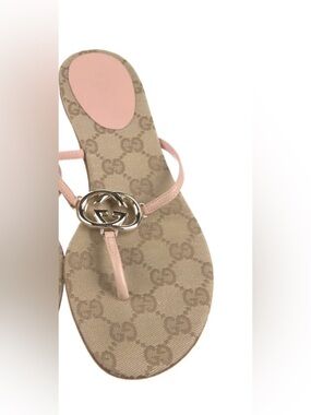 Gucci Beige Monogram Pink Logo T-Strap Sandal